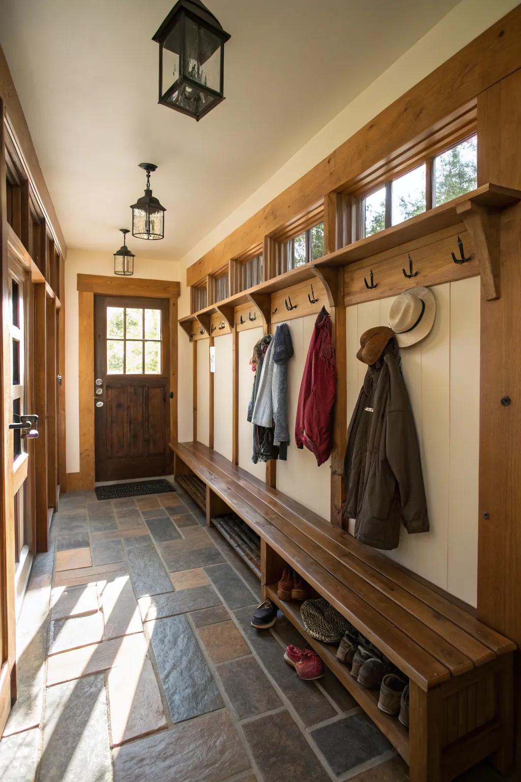An efficient mudroom arrangement in the breezeway for ultimate organization.