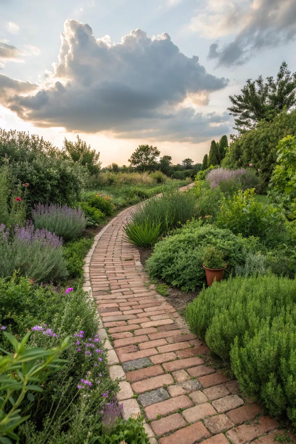 Brick stepping stones create welcoming and playful garden pathways.