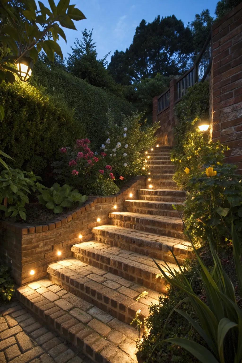 Illuminated brick steps fashioning a magical evening atmosphere.