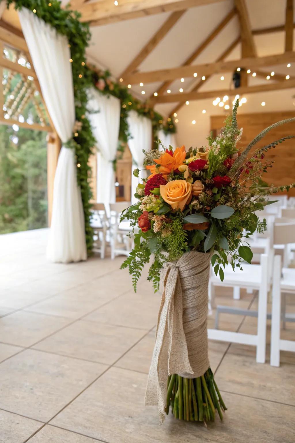 Seasonal fabric finishes bring a cohesive touch to wedding bouquets.