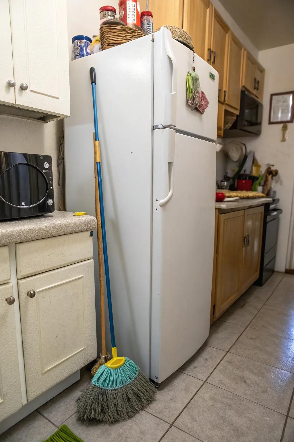 Take advantage of hidden areas like behind the refrigerator for storage.