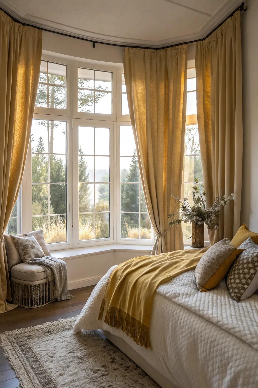 Gilded window coverings add grace and warmth to the area.
