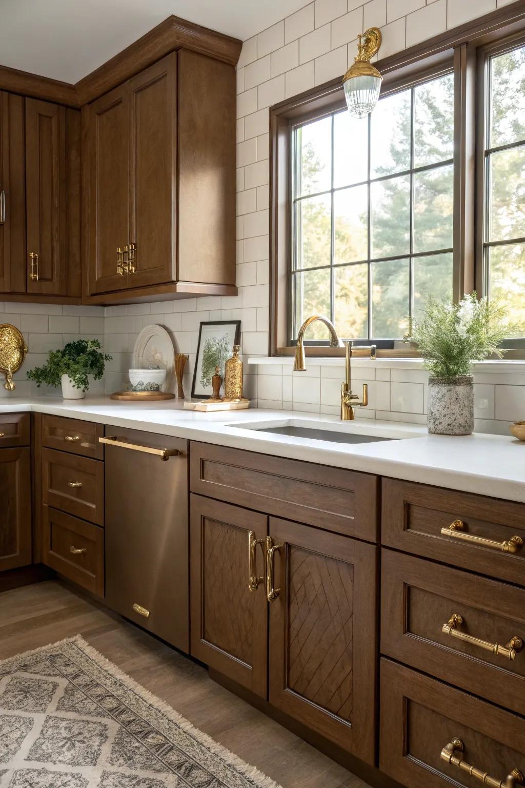 Metallic highlights bestow a dash of opulence to chocolate kitchens.