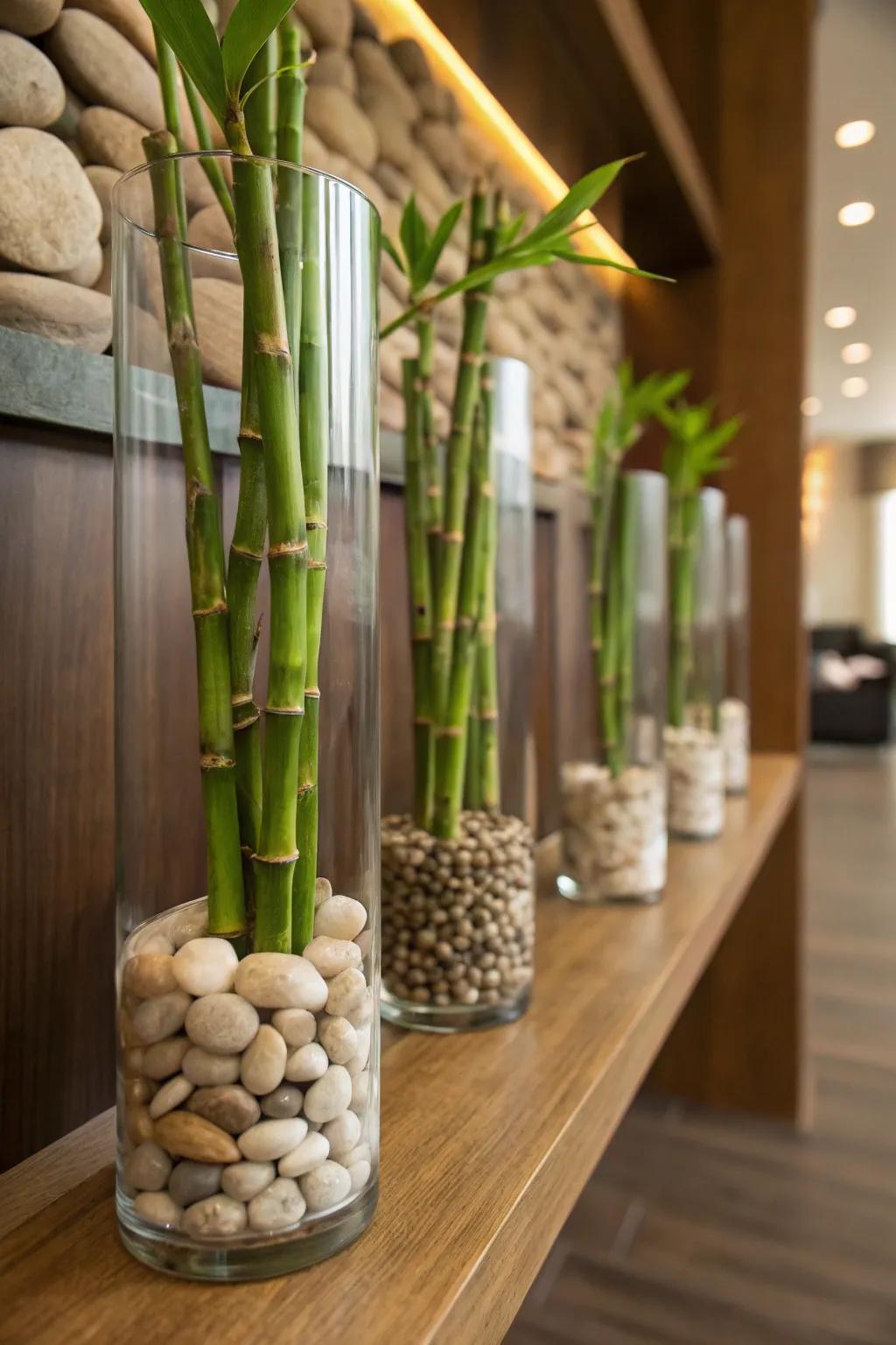 Create a peaceful vibe with bamboo and pebbles.