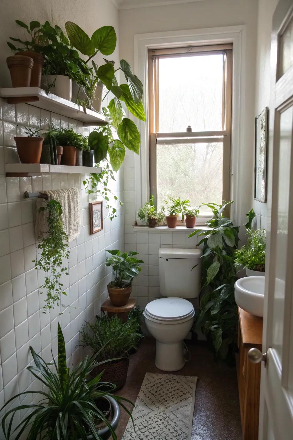Indoor greenery provides a fresh, natural element to this small bathroom.