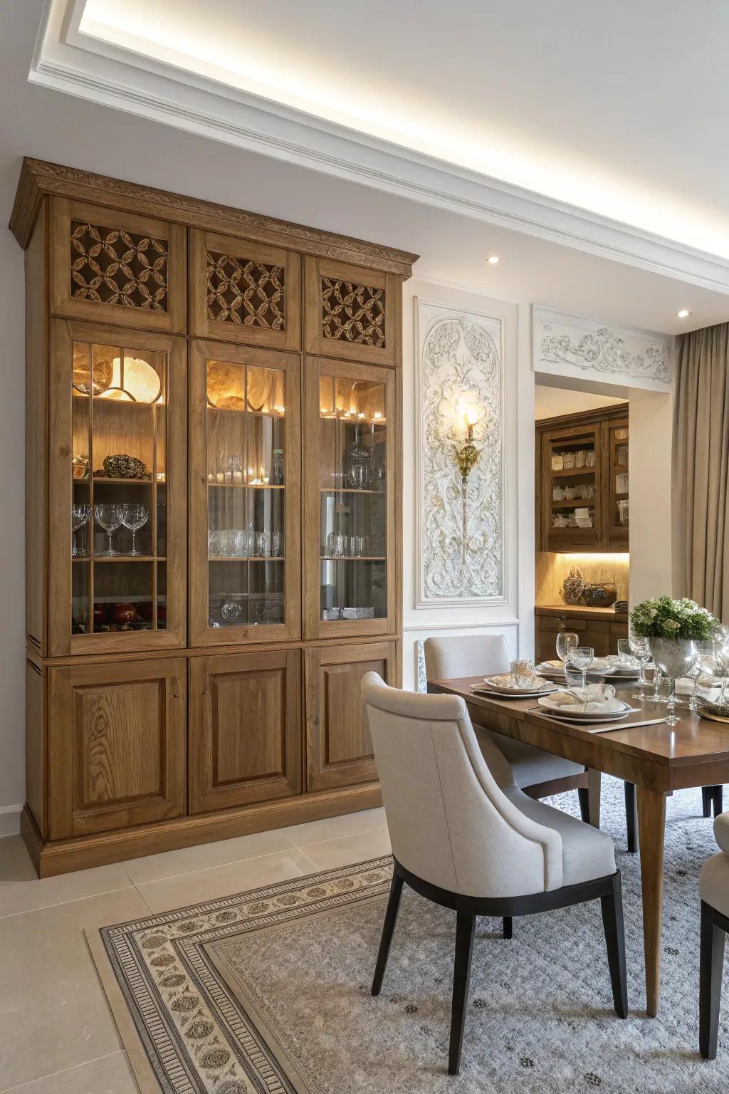 Dining room built-ins that showcase a fusion of modern and traditional styles.