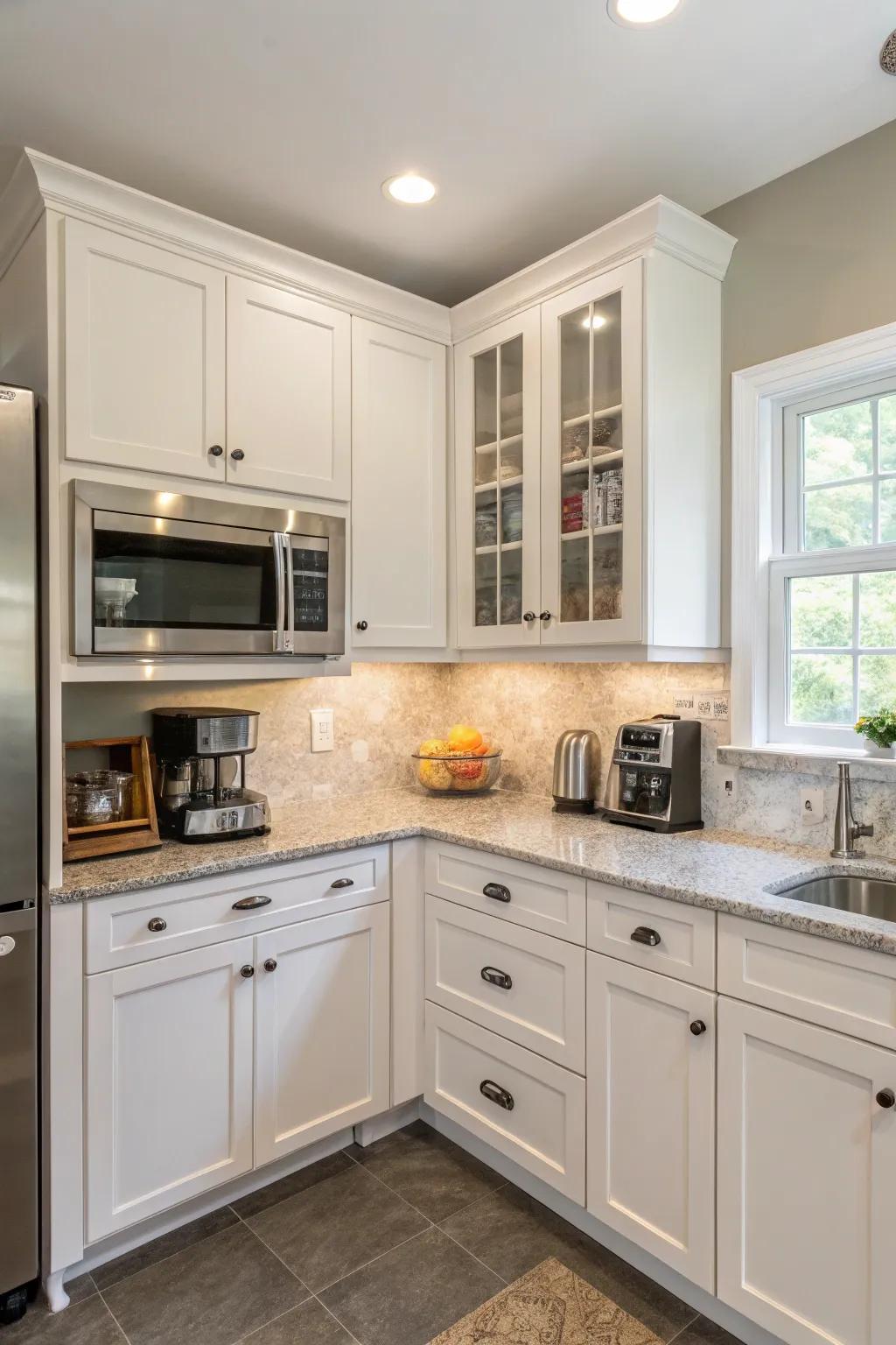Efficient kitchen design with the wave emitter tucked into a corner cabinet.