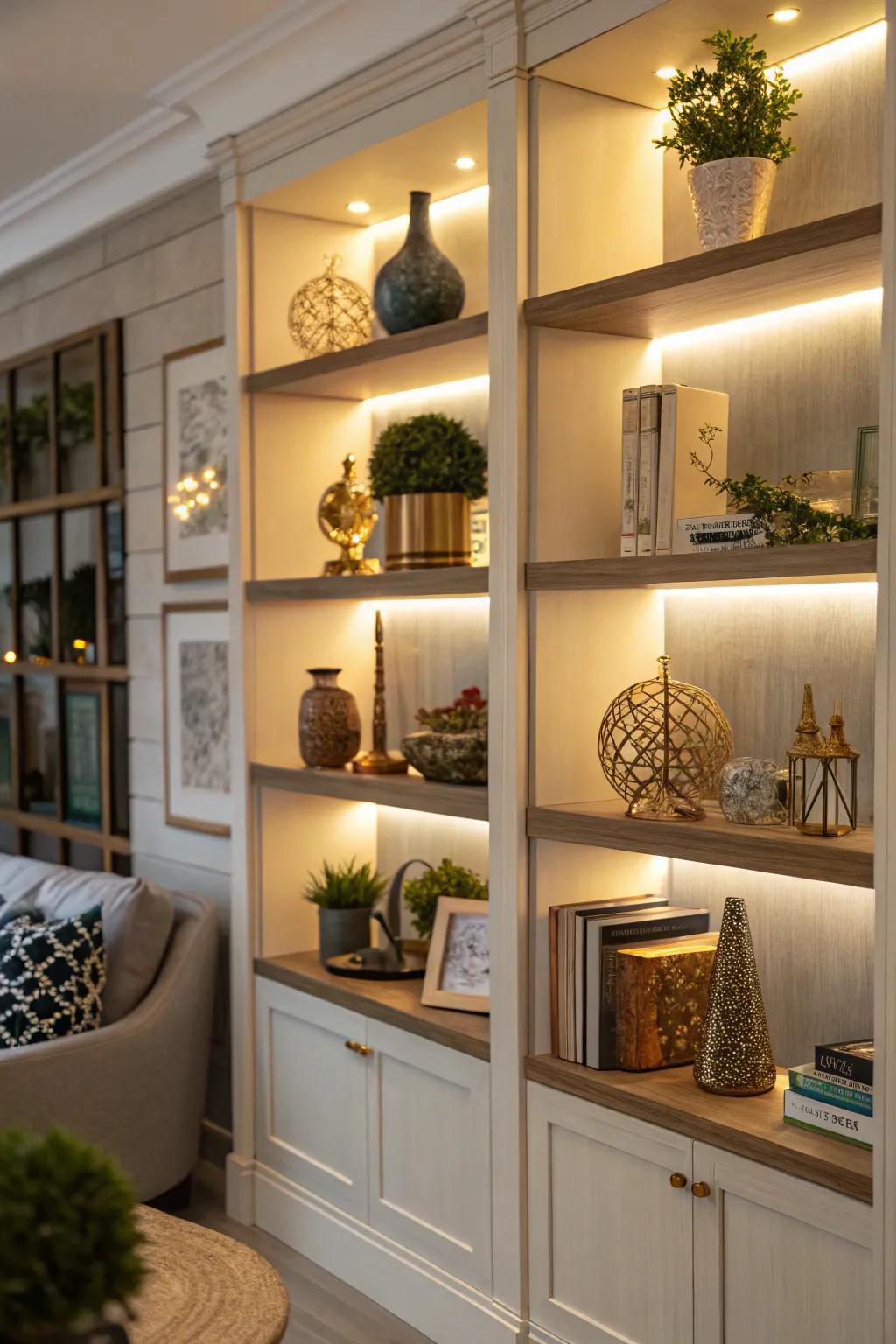 Emphasis lighting introduces dimension and emphasizes distinctive decor pieces.