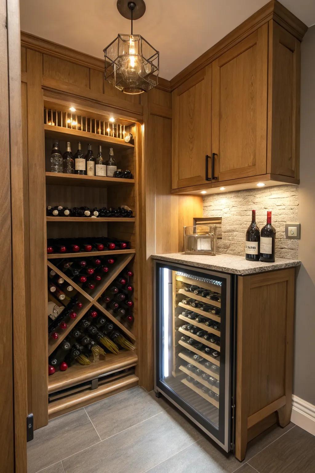 Transform an underutilized area into a dedicated wine recess for an intimate ambiance.