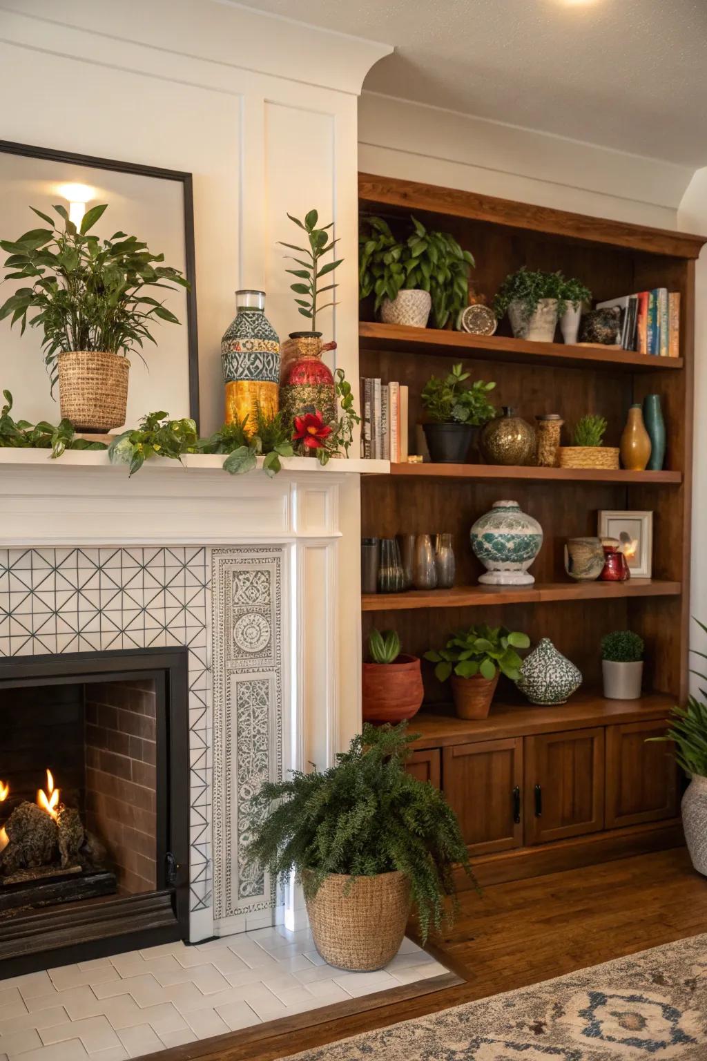 Decorative items enrich the fireplace built-ins with character.