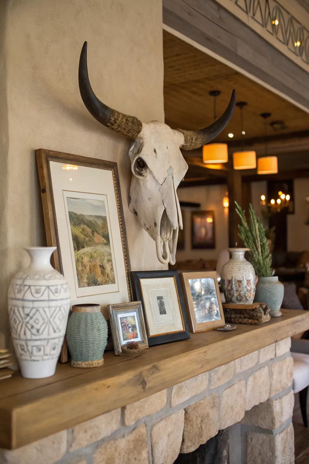Bull skull combined with vases and frames for a unified look.