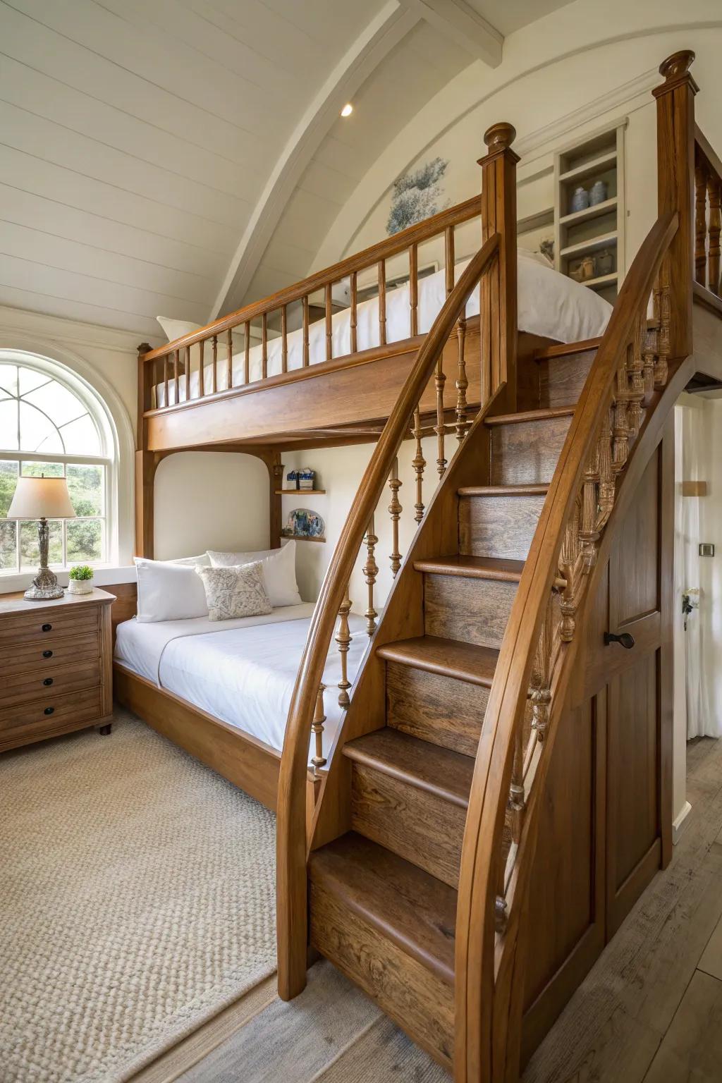 A chic staircase that adds safety and style to a bunk bed.