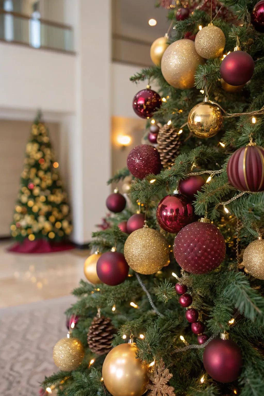 An intermix of non-glossy and radiant ornaments elevates the tree's elegance.
