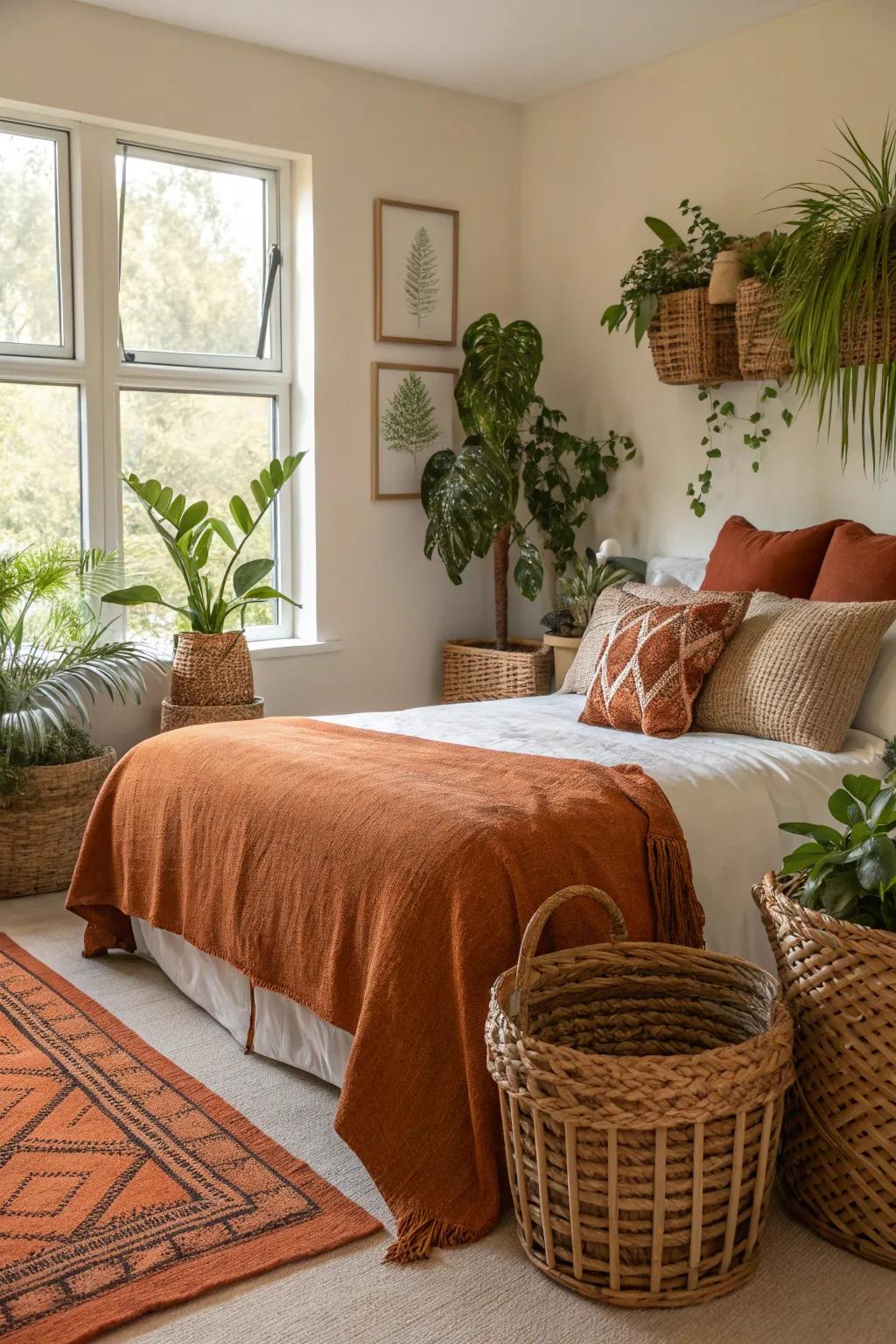 Organic accents complement the warm color palette.