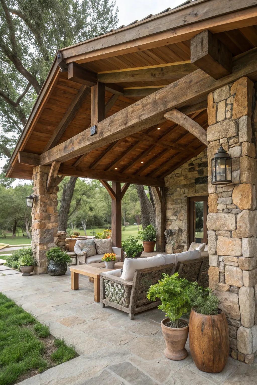 A cozy rustic cabana featuring natural materials.