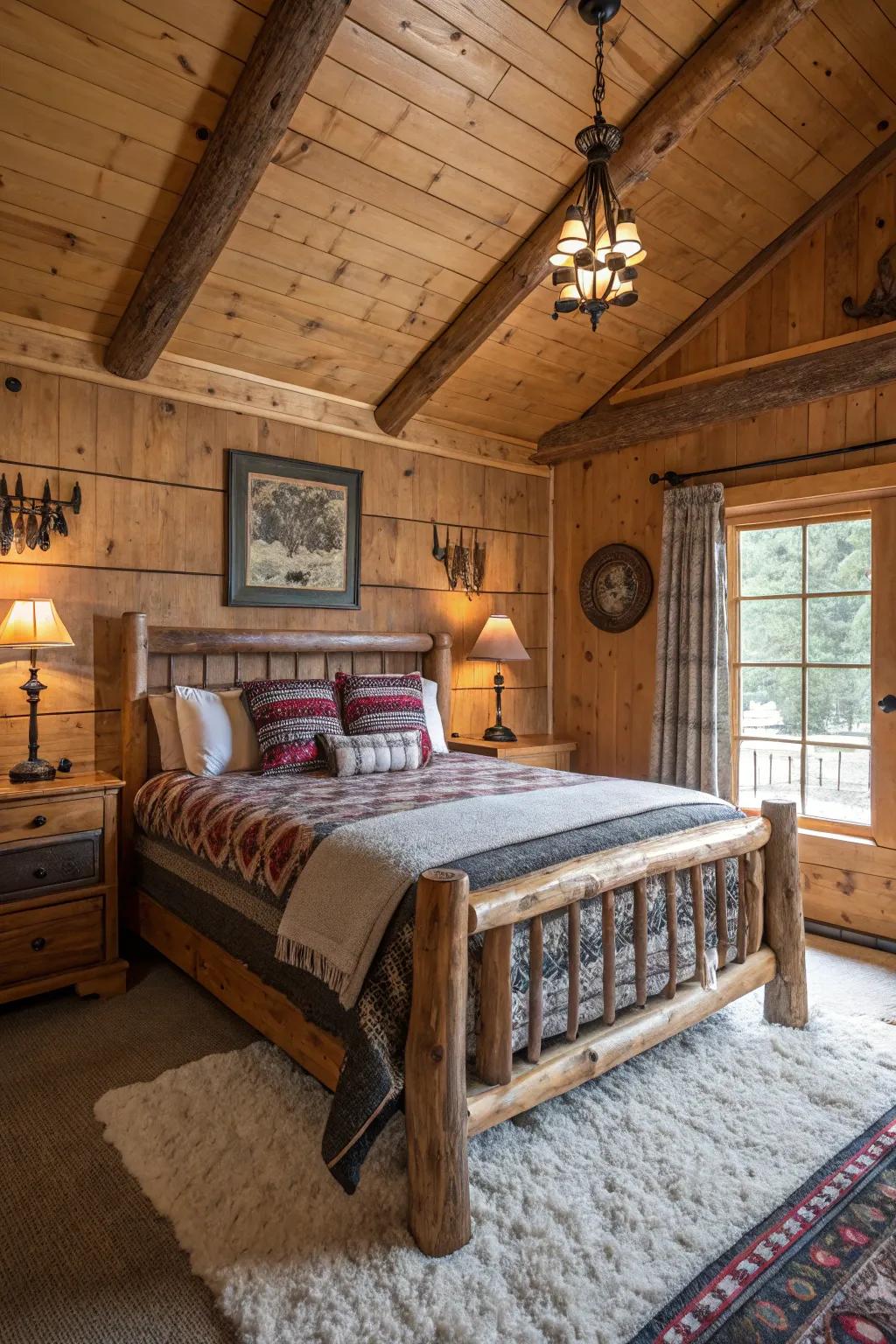 A cabin bedroom furnished with robust wood furniture and country-style decor.