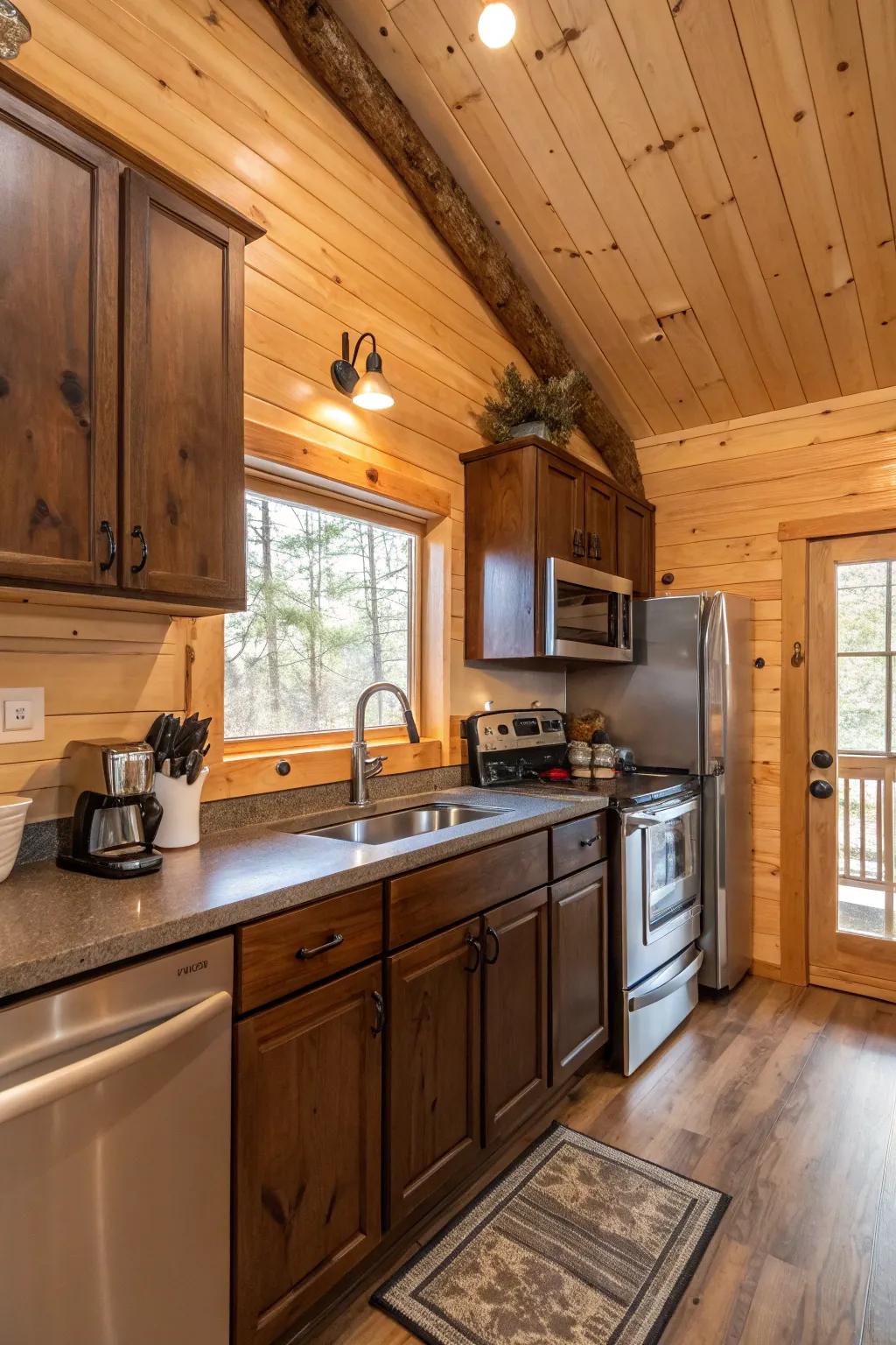 A harmonious mix of modern and country elements in a cabin cooking space.