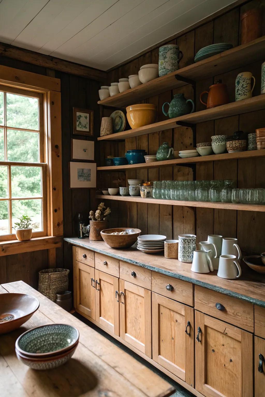 Open shelves displaying pottery and glassware in a cabin kitchen.