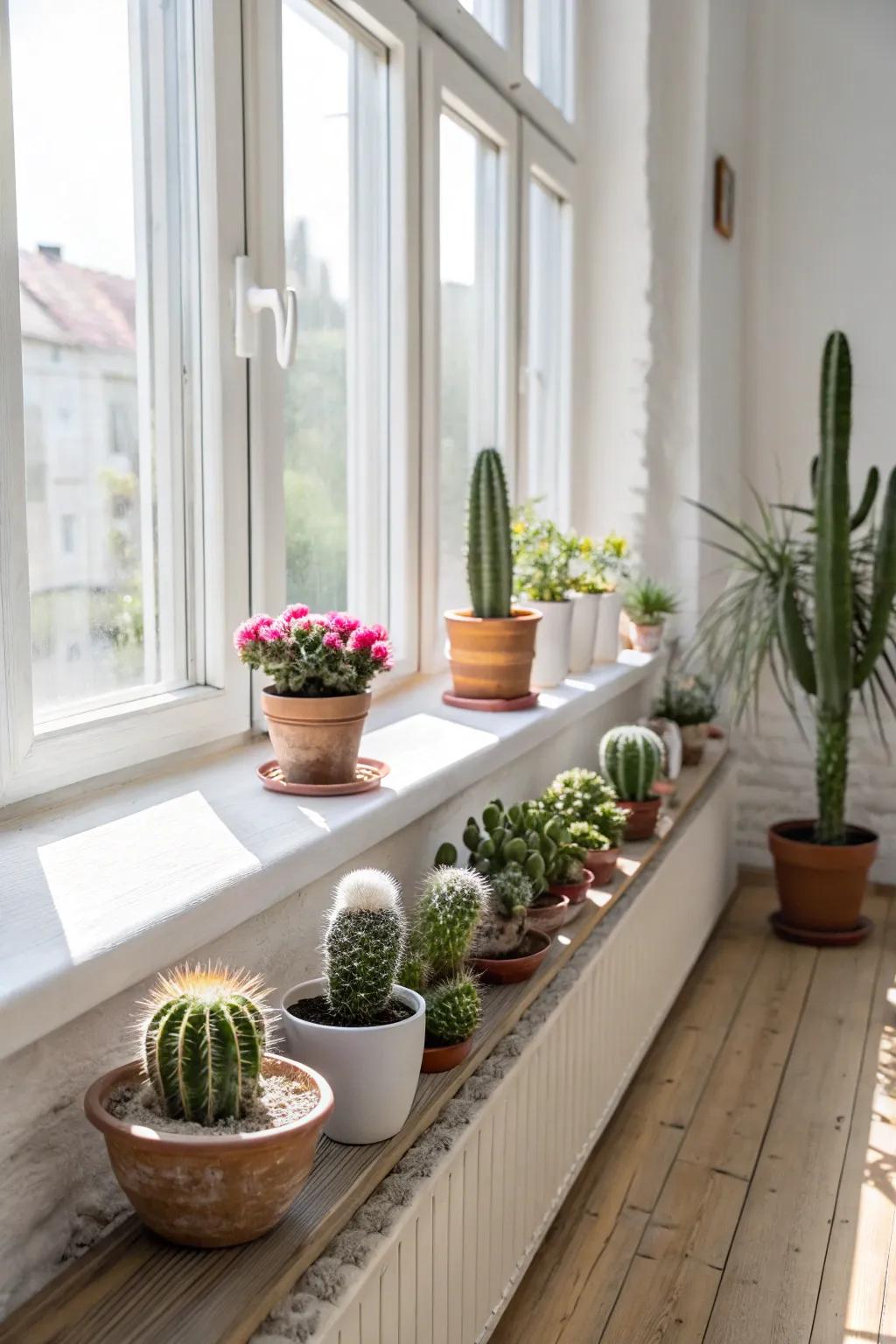 A sun-drenched windowsill adorned with a mini cactus garden.