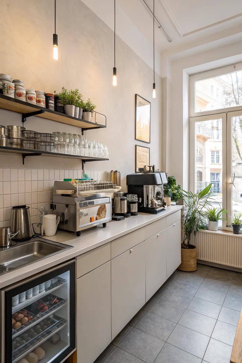 A compact yet chic cafe kitchen leveraging area effectively.