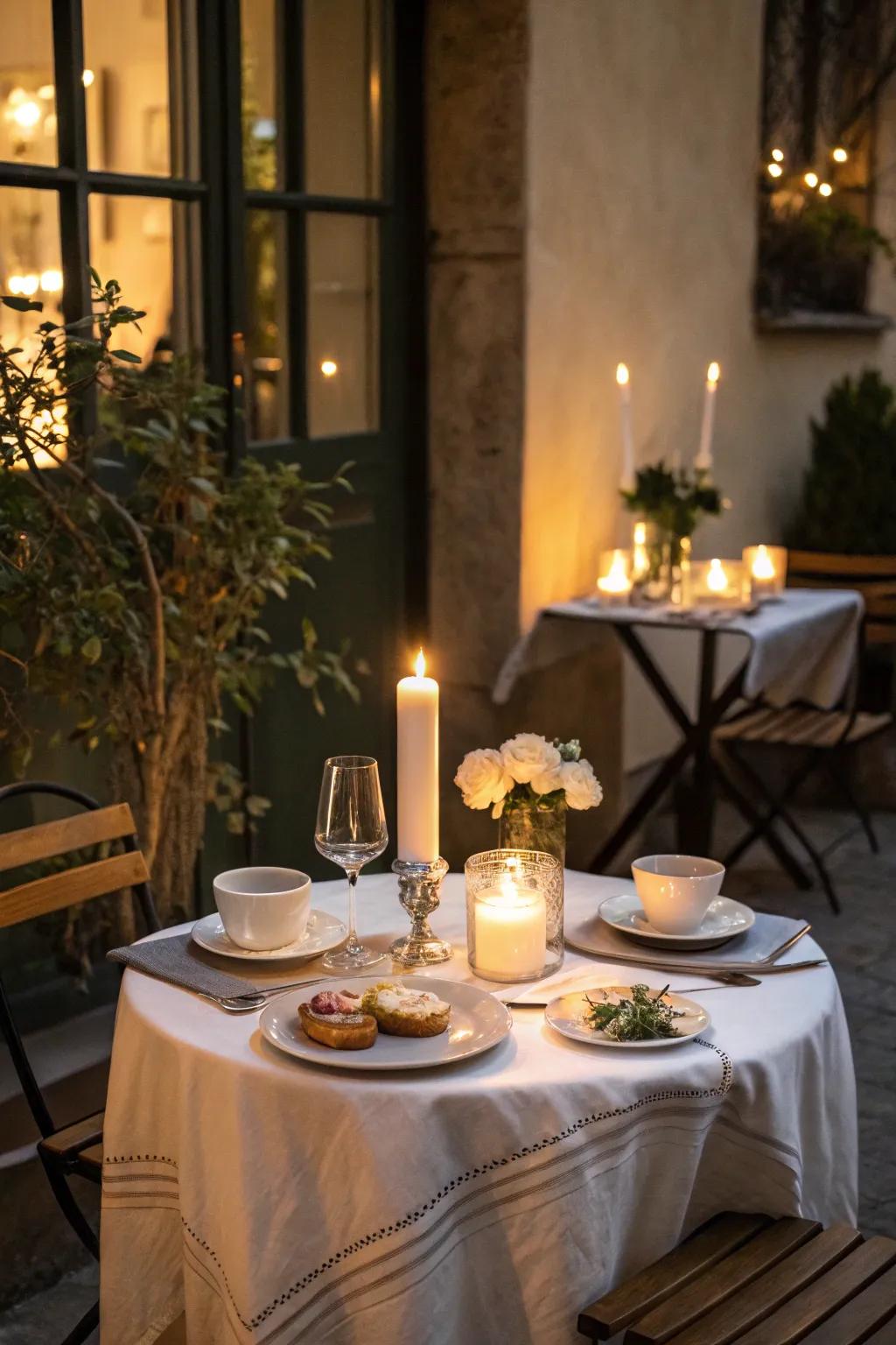 A charming cafe table arrangement illuminated by the soft illumination of candlelight.