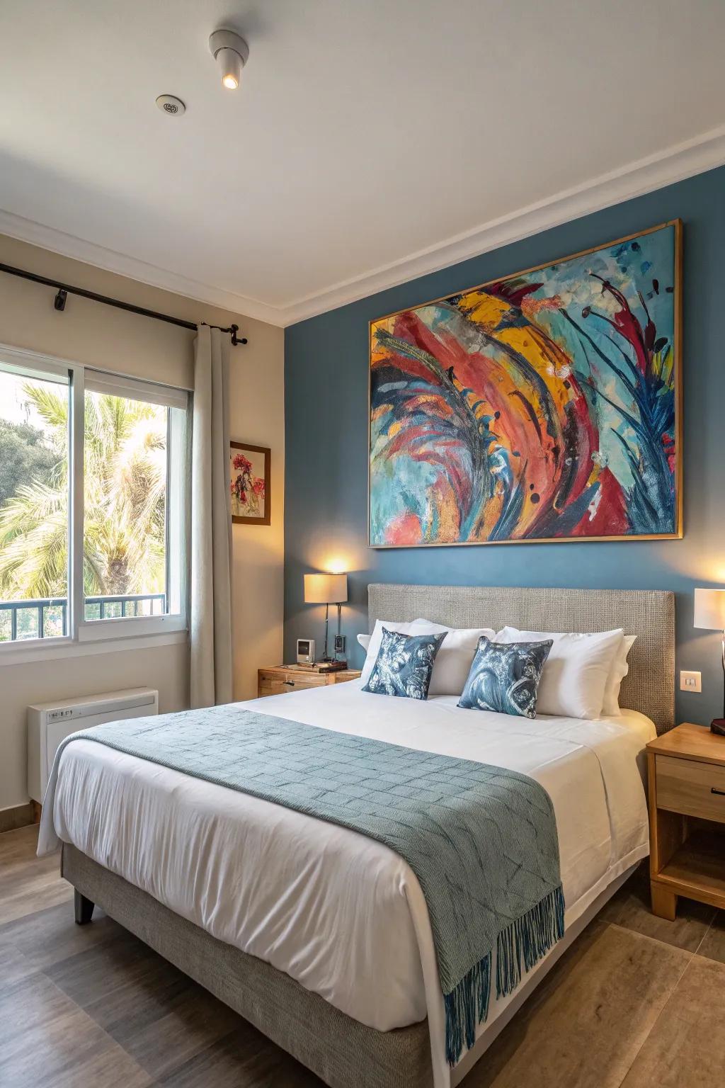 Bedroom showcasing a large abstract canvas above the bed for added elegance.