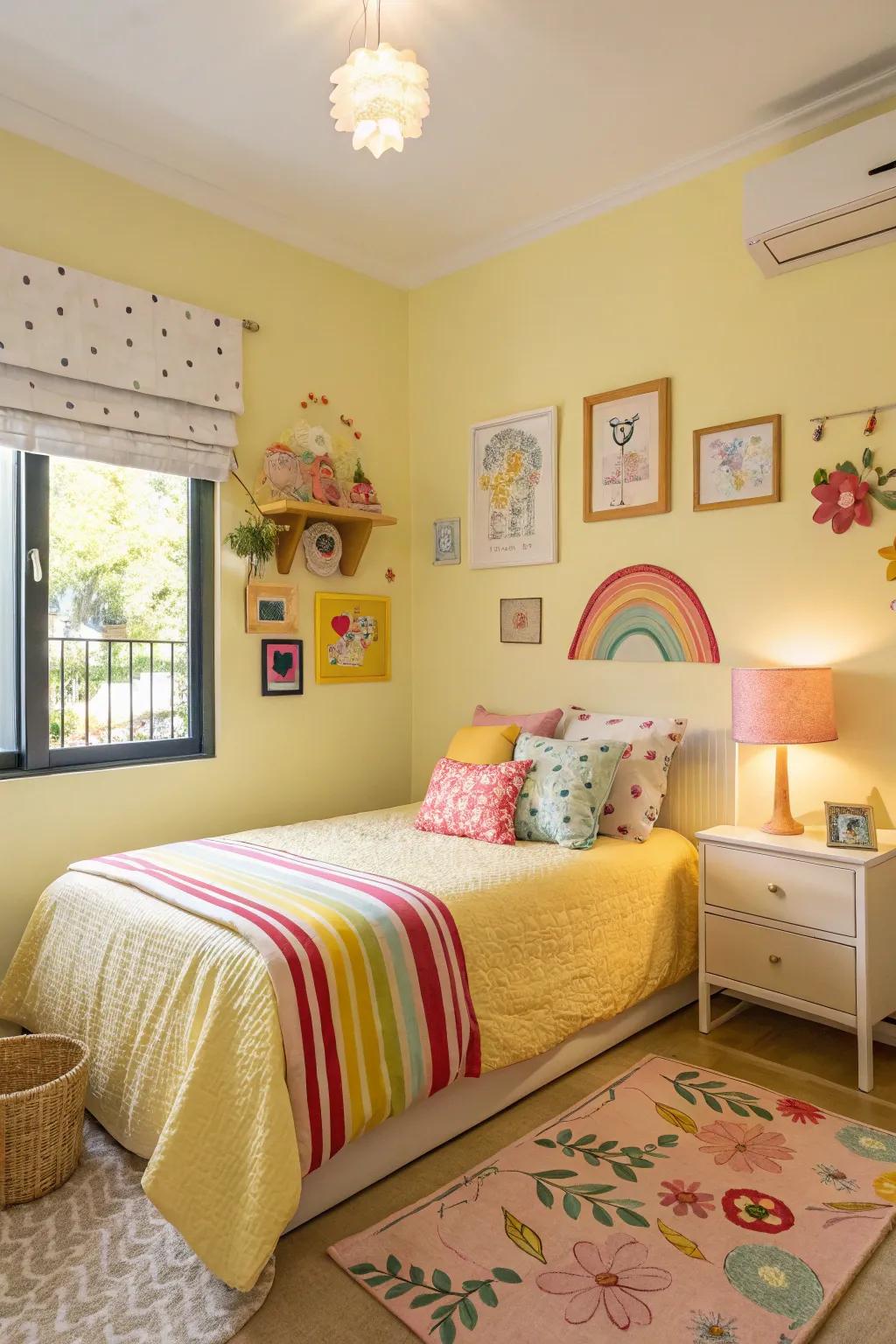 Pastel yellows introduce a cheerful yet calming touch.