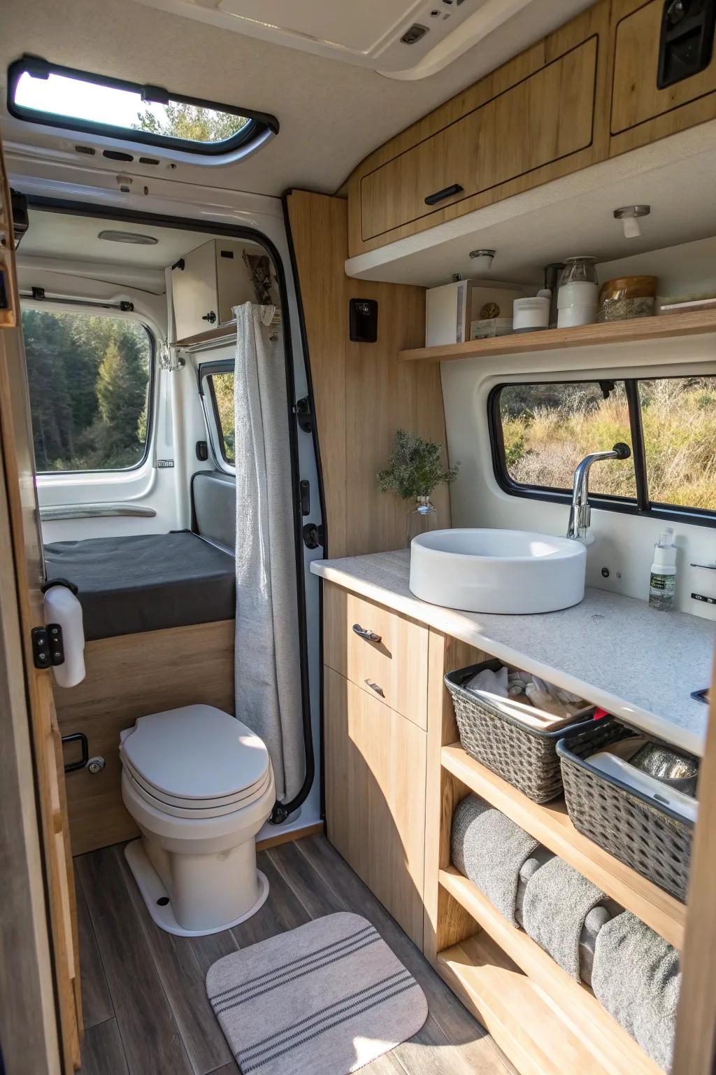 A multi-purpose mobile home washroom area that functions as seating and storage.