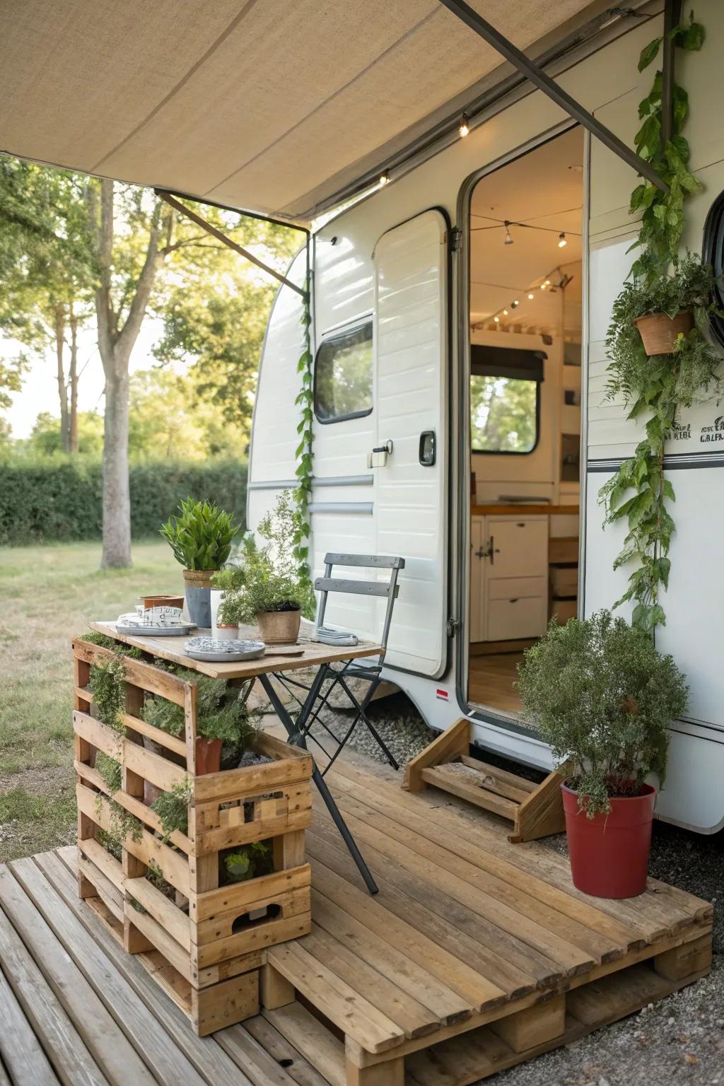 A handcrafted pallet porch presenting a rustic and cost-effective substitute.