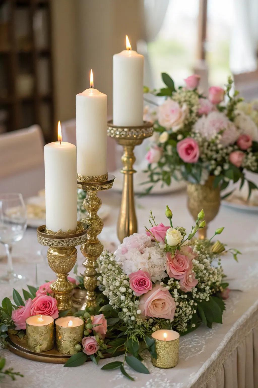 Magnificent table centerpiece incorporating candles and gilded highlights.