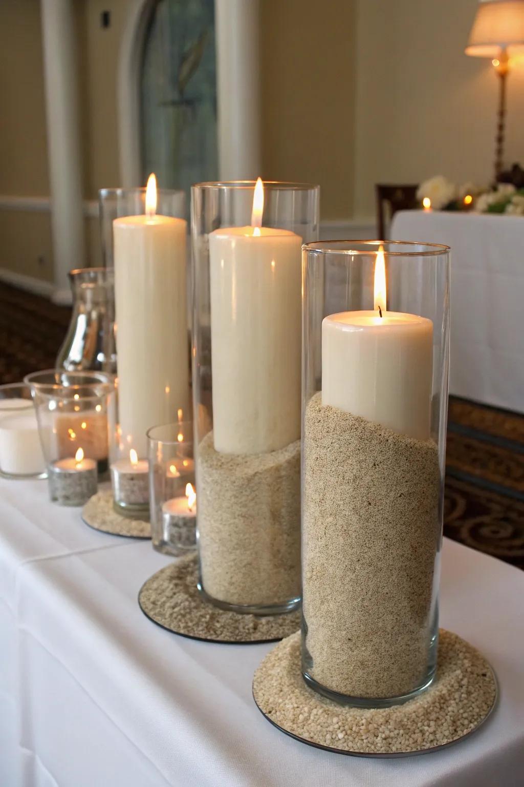 Sand-enhanced hurricane candle holders paired with pillar candles for a seaside vibe.