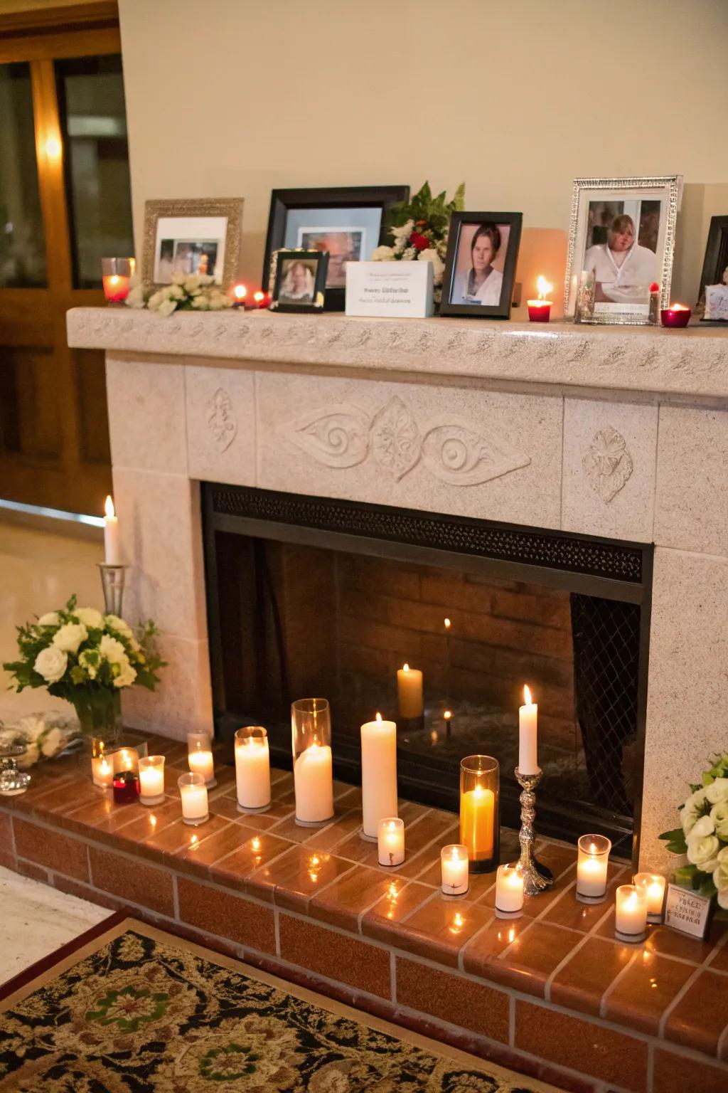 Transforming the fireplace into an altar using candles and meaningful objects.
