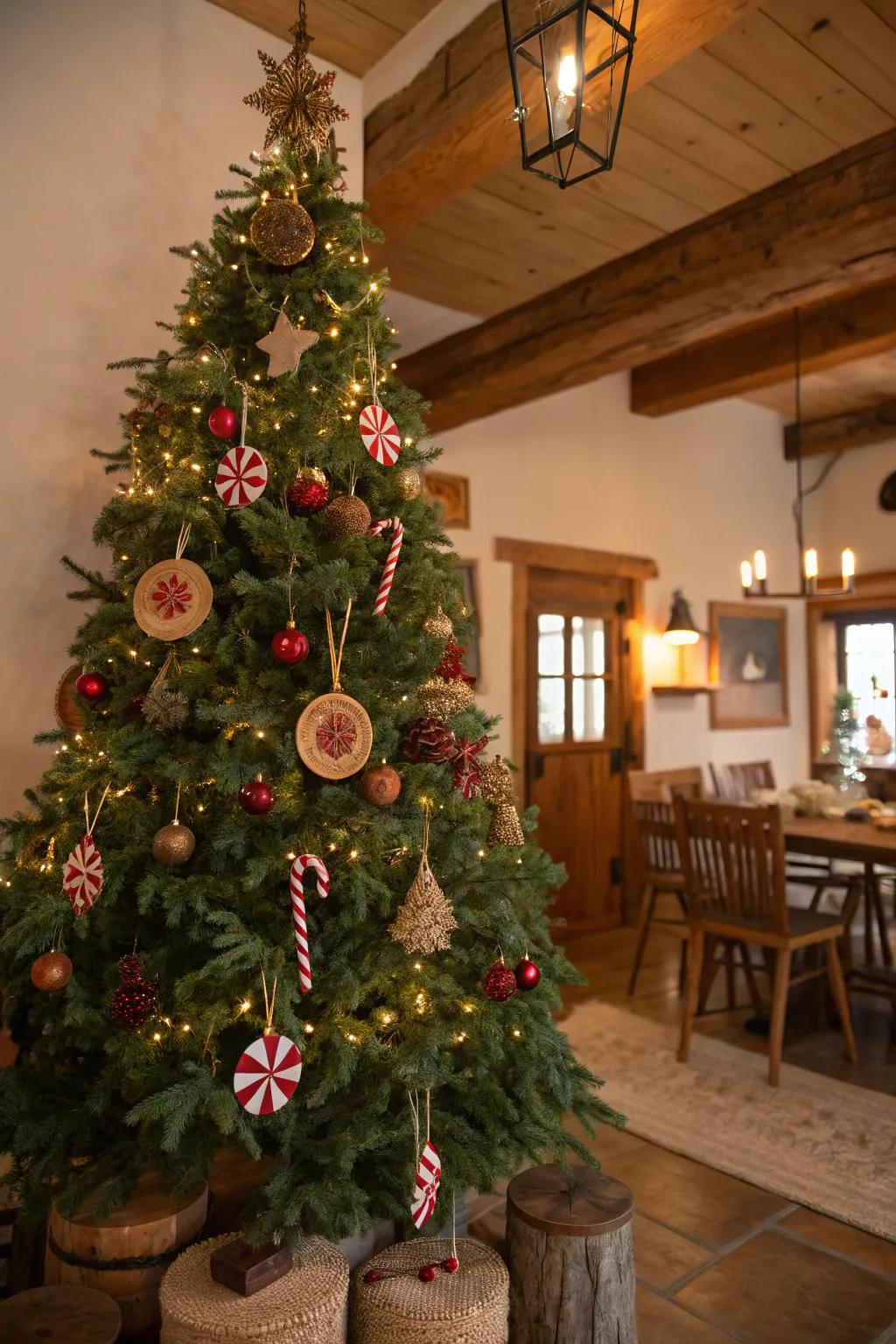 Earthy charm meets sweet stripe elegance on this tree.