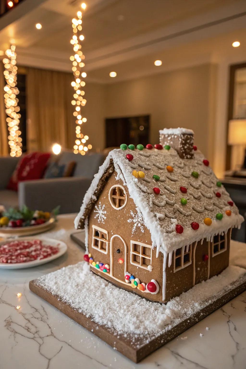 Tiny beads crafting a wondrous snowy impression on the gingerbread house roofing.