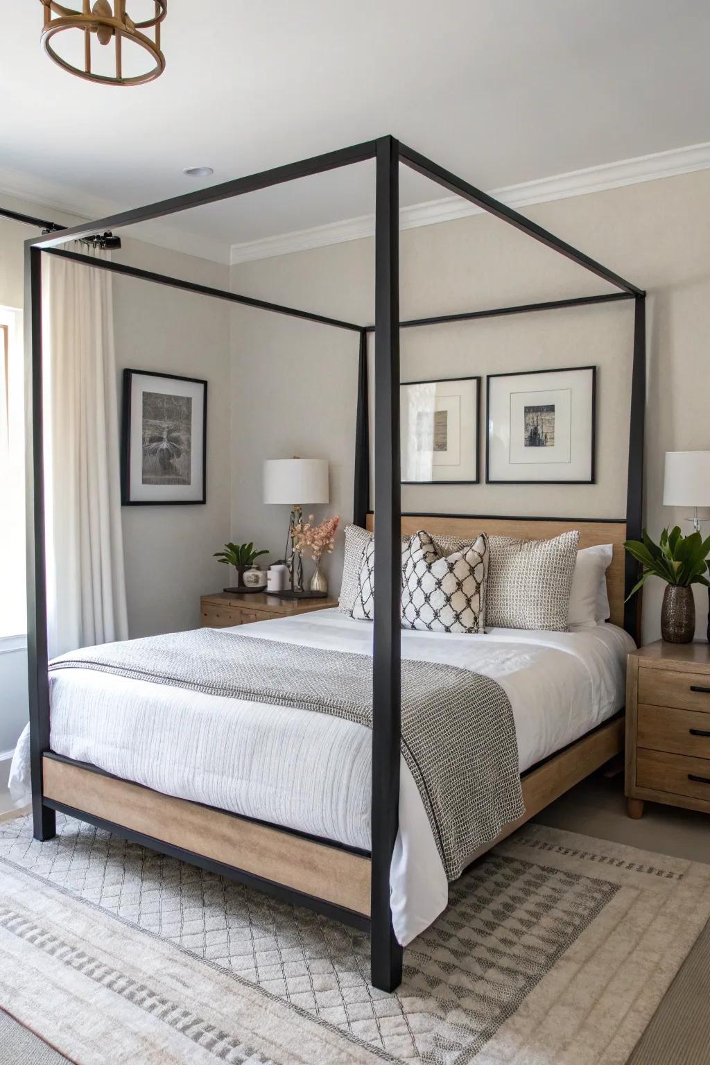 A modern four-poster bed with defined lines and minimalist design.