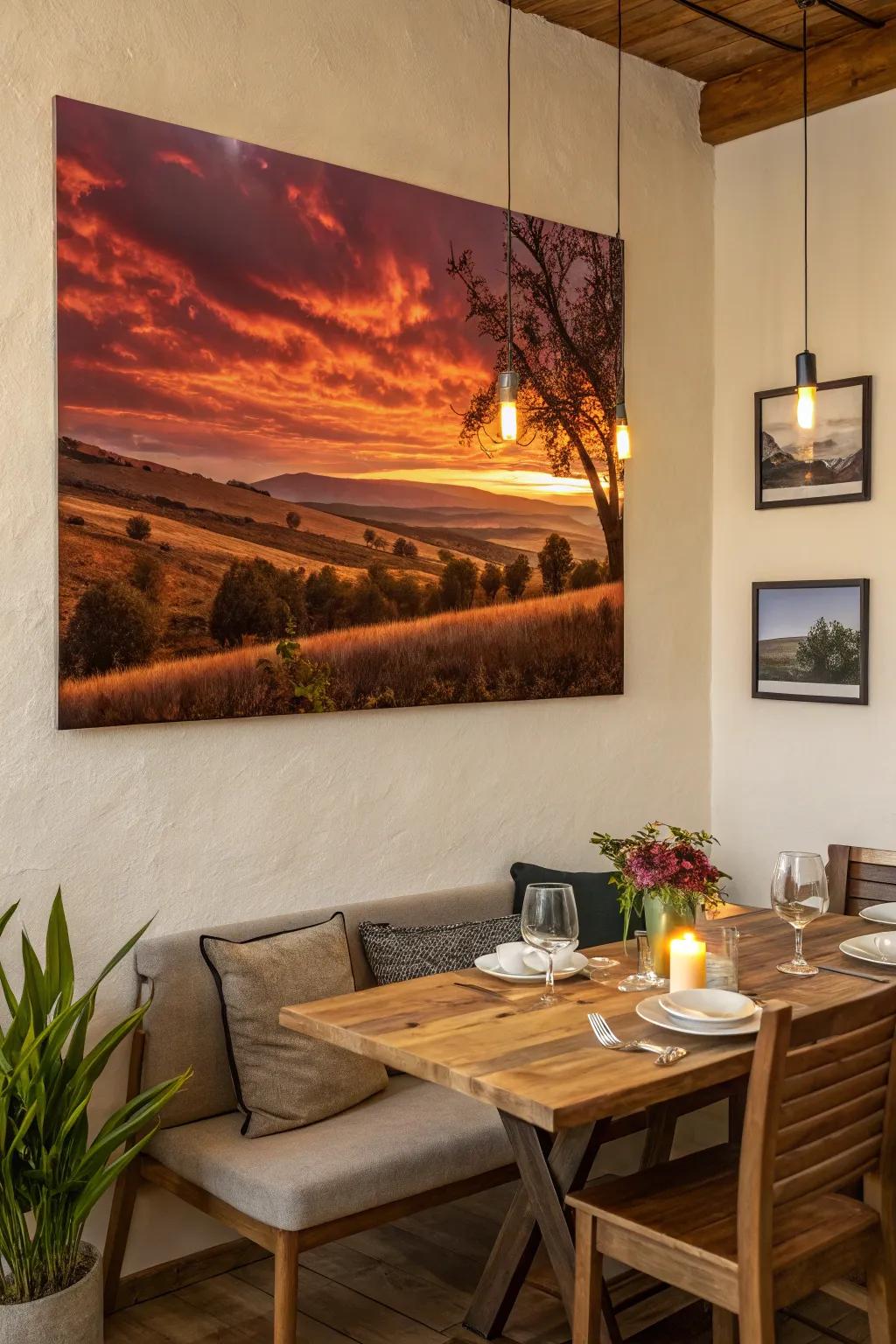 Sunset view painting in a cozy dining area