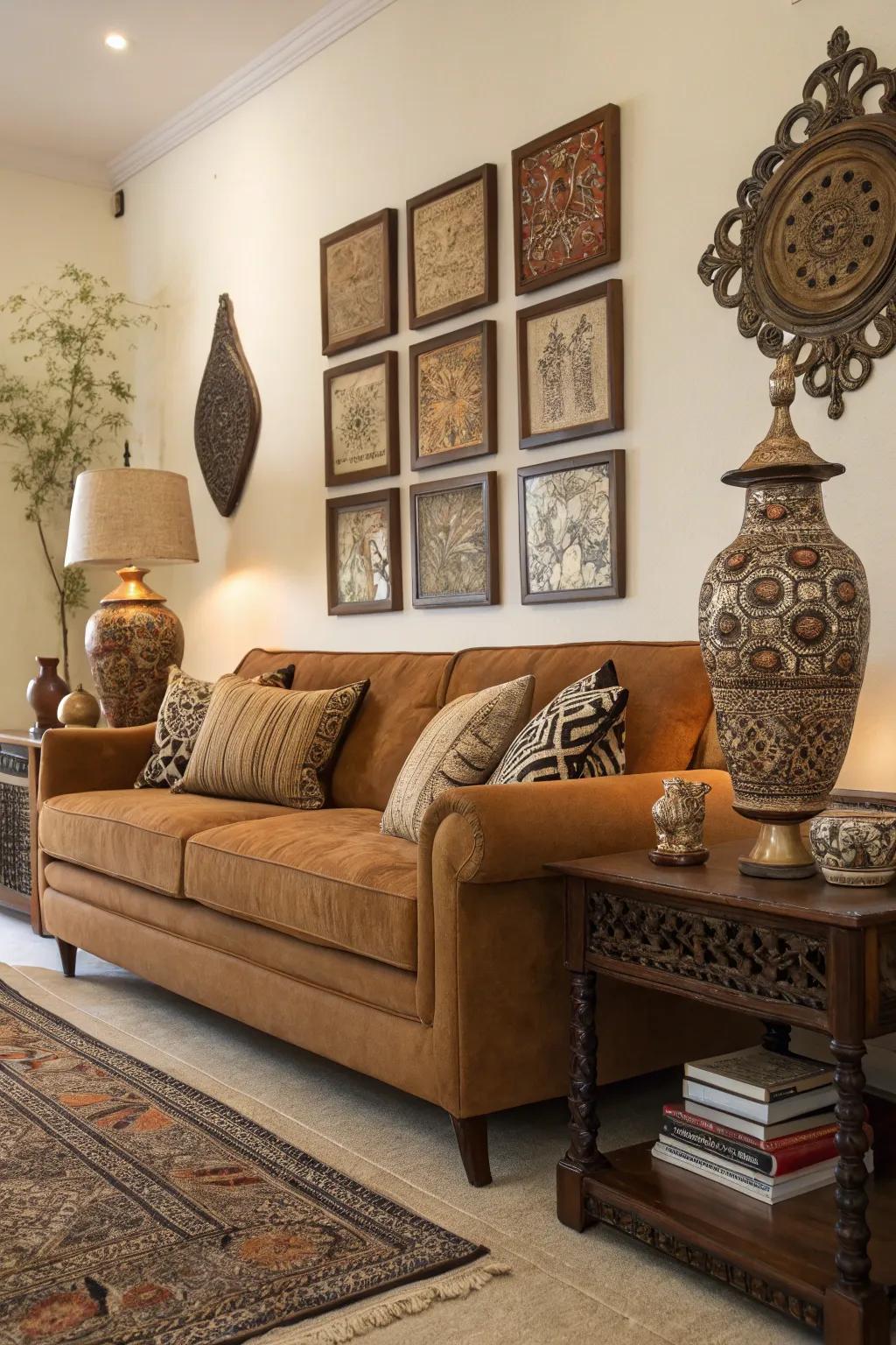 Decorative pieces personalize a butterscotch sofa setting.