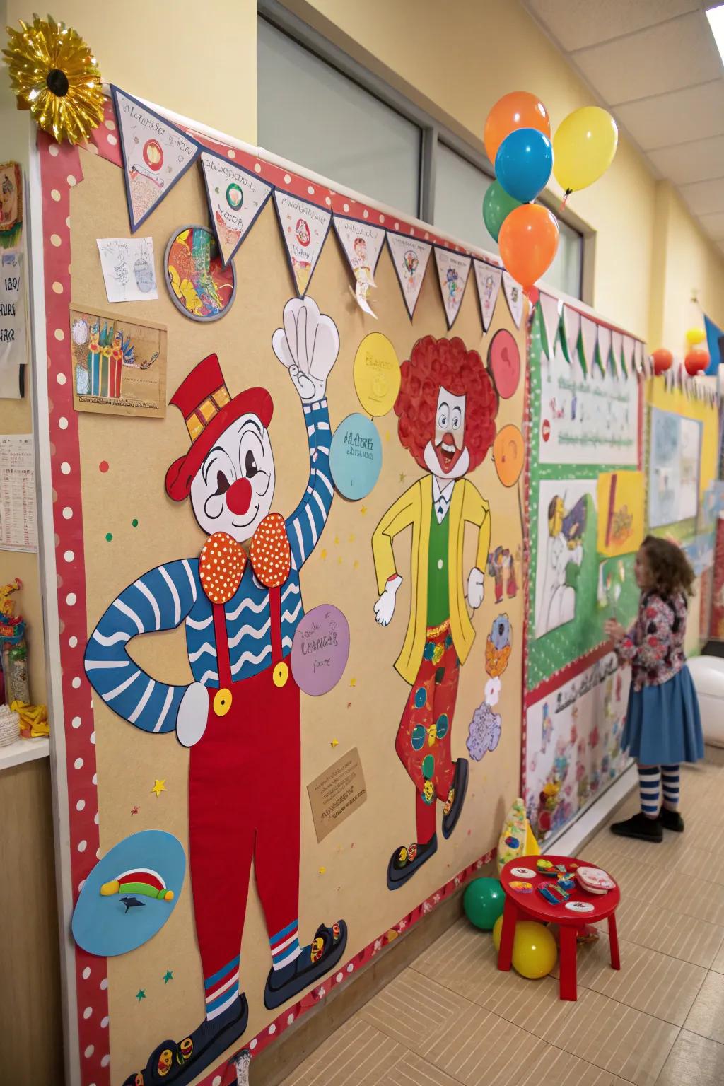 Clowns and performers add a touch of humor and charm to the fair theme.