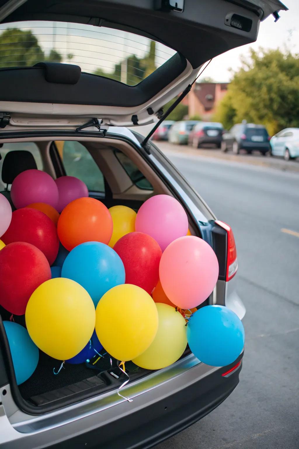 A vibrant balloon-filled trunk, enhancing a festive touch to the carnival theme.