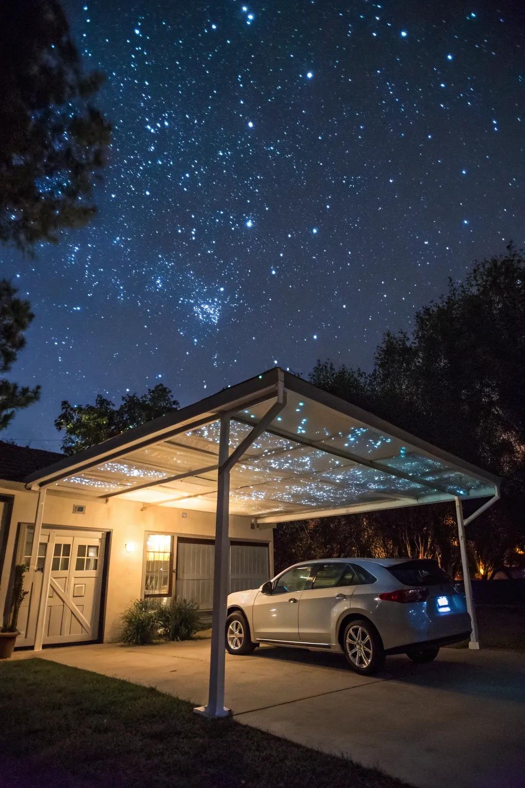 A celestial projection imparts a cosmic element to your carport.