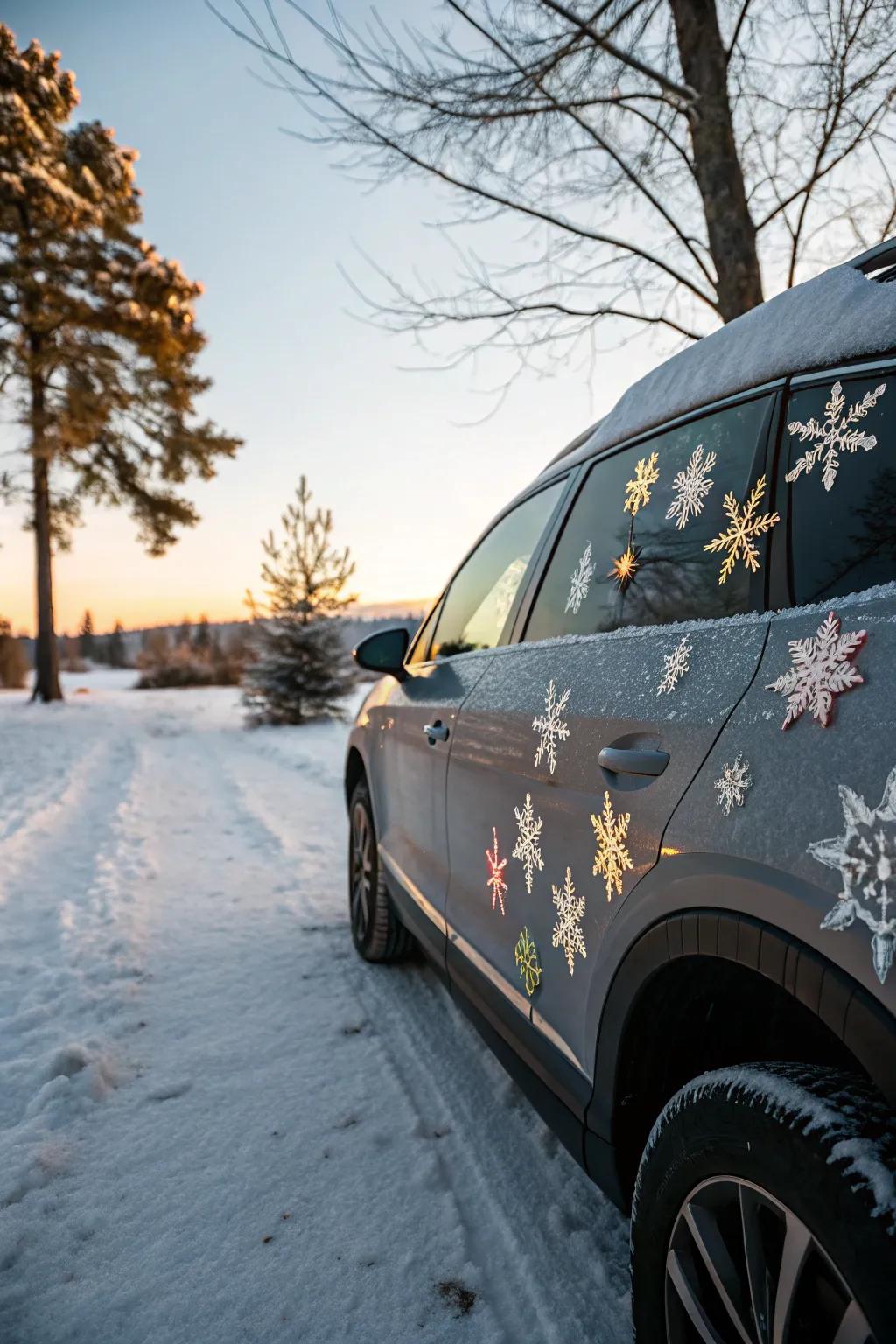 A car ornamented with festive magnets, showcasing holiday cheer.