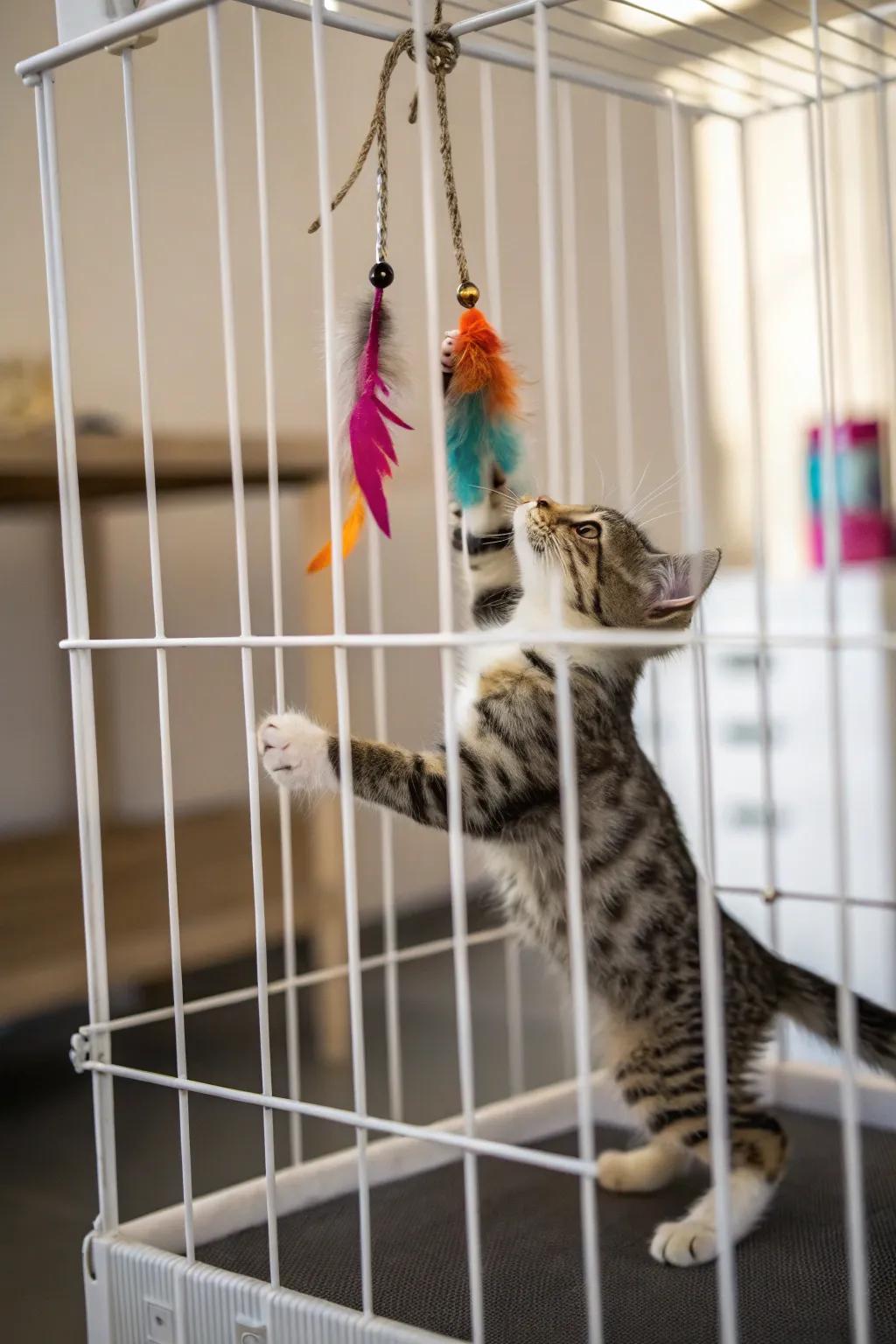 Engaging playthings transform a cat enclosure into an energetic center.