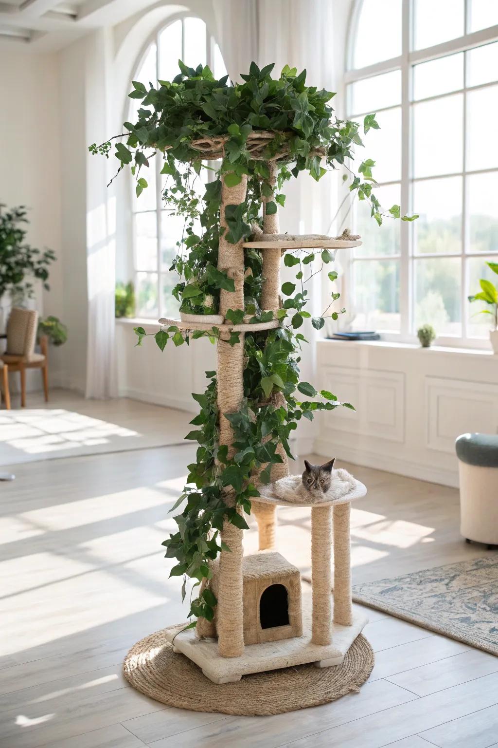Lush greenery adds a natural touch and engages your cat's curiosity.