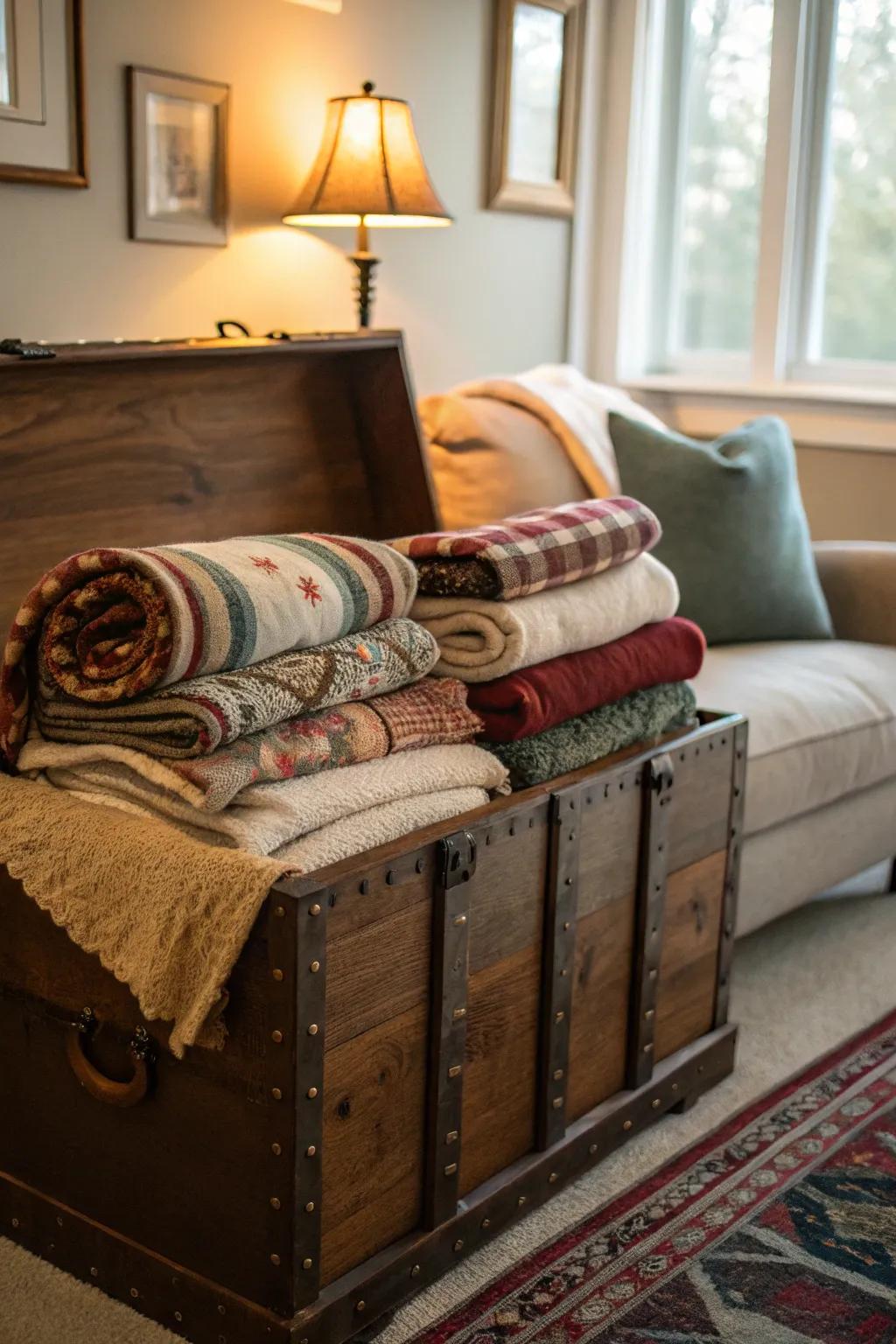 A blanket chest provides stylish storage for cozy blankets.