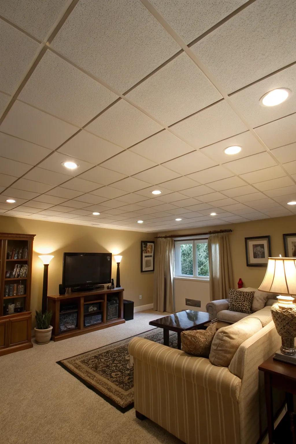 A bright living area featuring ceiling squares with built-in lighting.