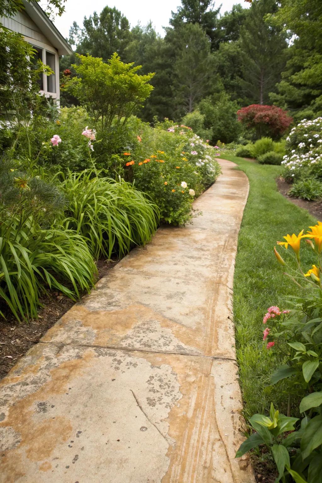 Limewash concrete walkway for a touch of vintage elegance.