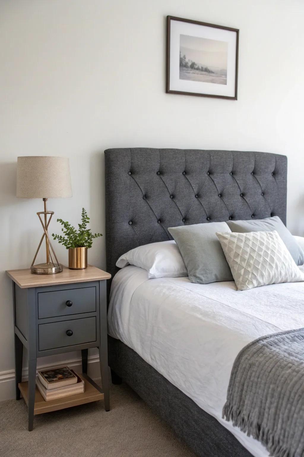 Understated decor underscores the elegance of a dark slate grey headboard.