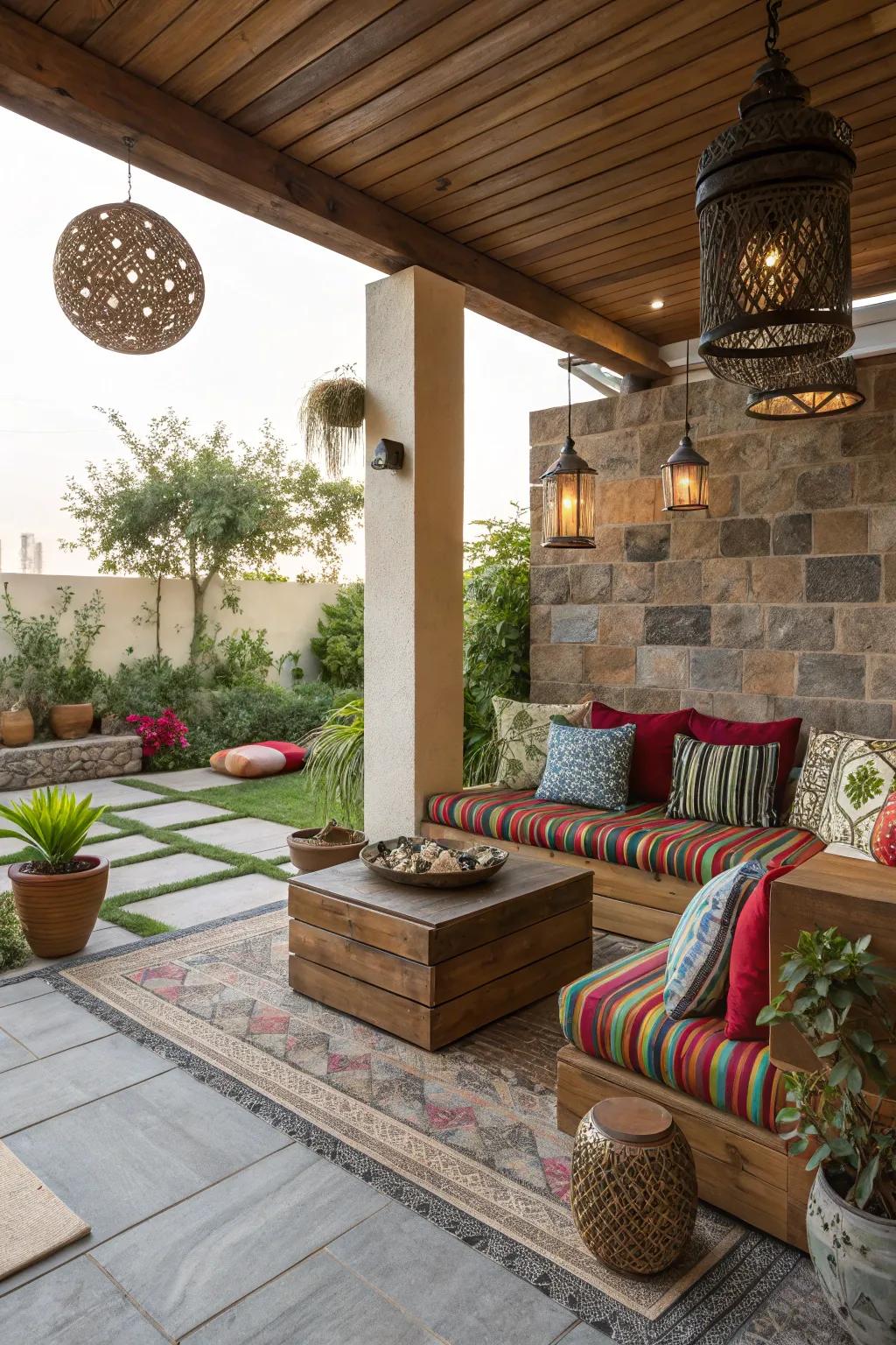 Combined materials manifesting a contemporary, eclectic patio.