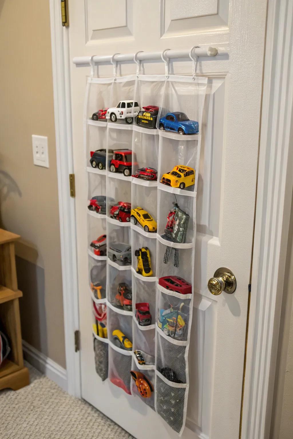 Maintain tidy toys through a hanging footwear organizer.