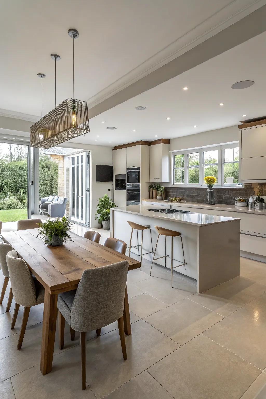A smooth transition from cooking to dining spaces.